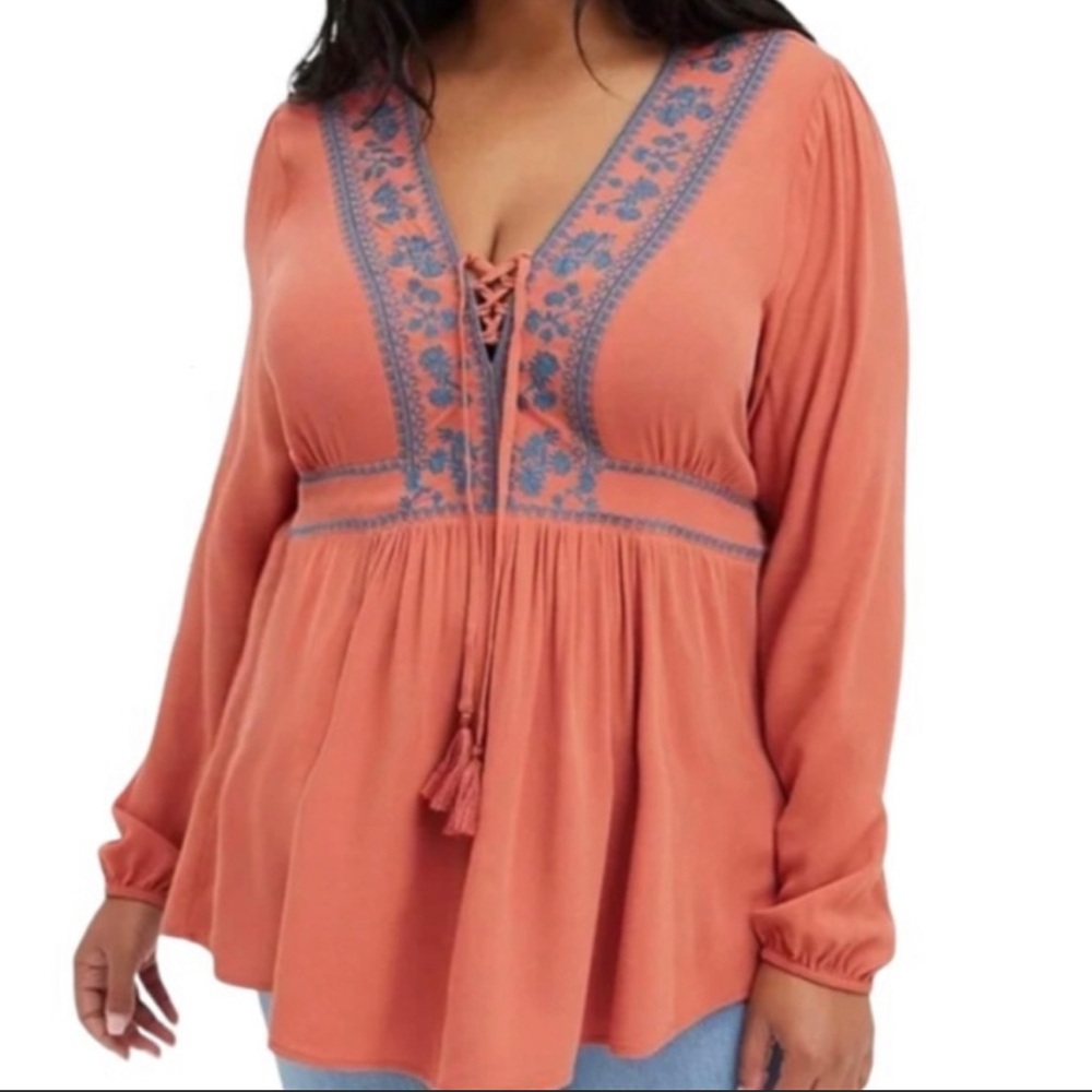 Torrid Womens Shirt Peasant Top Salmon Blue Embroidered Lace Up Long Sleeve 1X